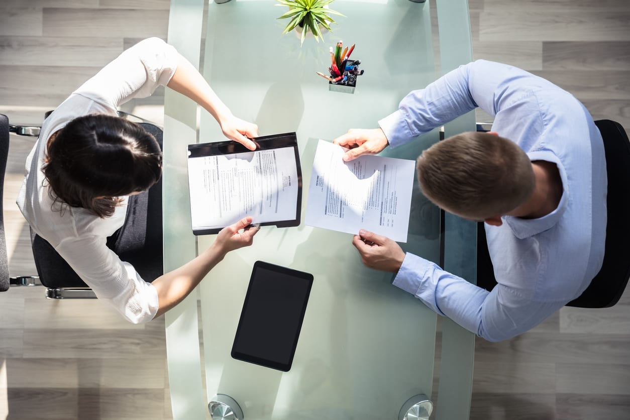 Aerial view of two people in a business meeting