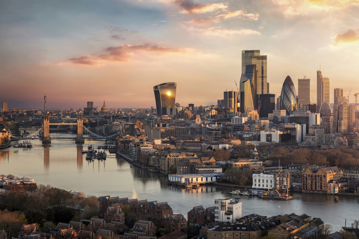 Aerial shot of the London skyline at sunset